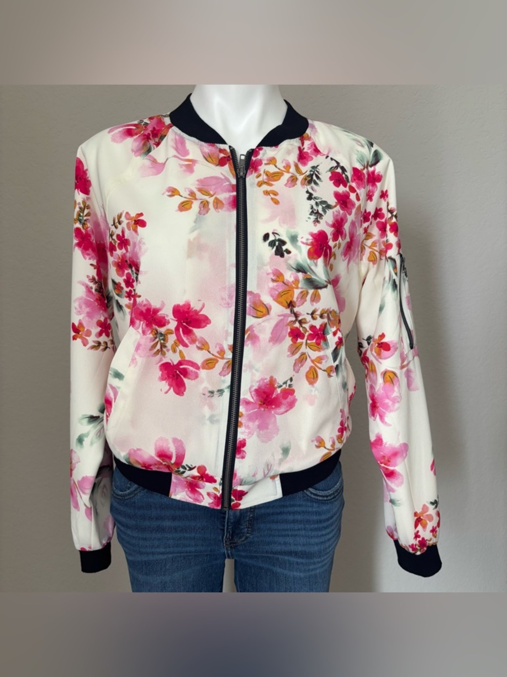 Sanctuary Pink Cream Floral Bloomcore Coquette Chiffon Bomber Jacket Size Med